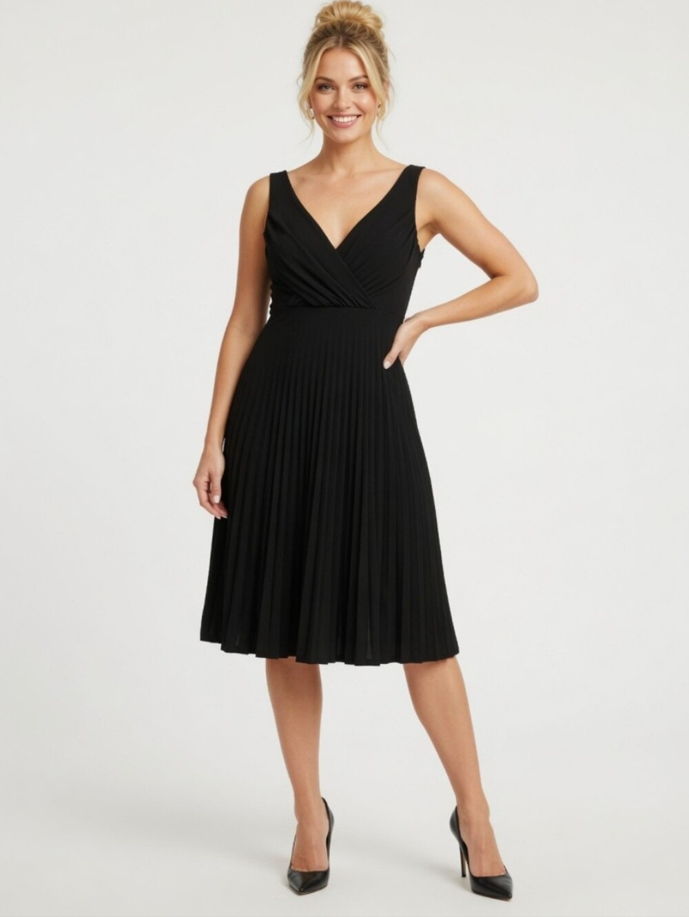 Evan Picone Little Black V-Neck Pleated Midi Dress (Size: 6)
